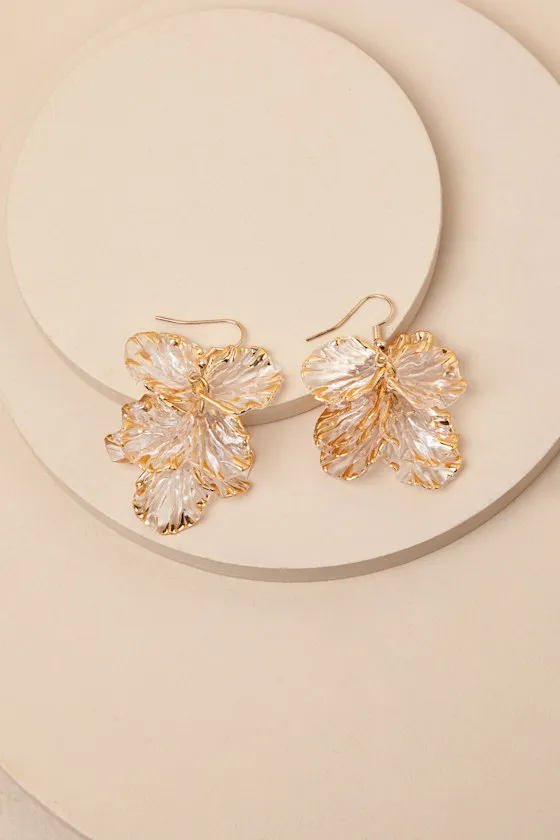 Gilded Glow Gold and Clear Floral Statement Earrings sold by Lulus