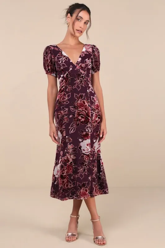 Loving Approach Purple Velvet Burnout Puff Sleeve Midi Dress sold by Lulus
