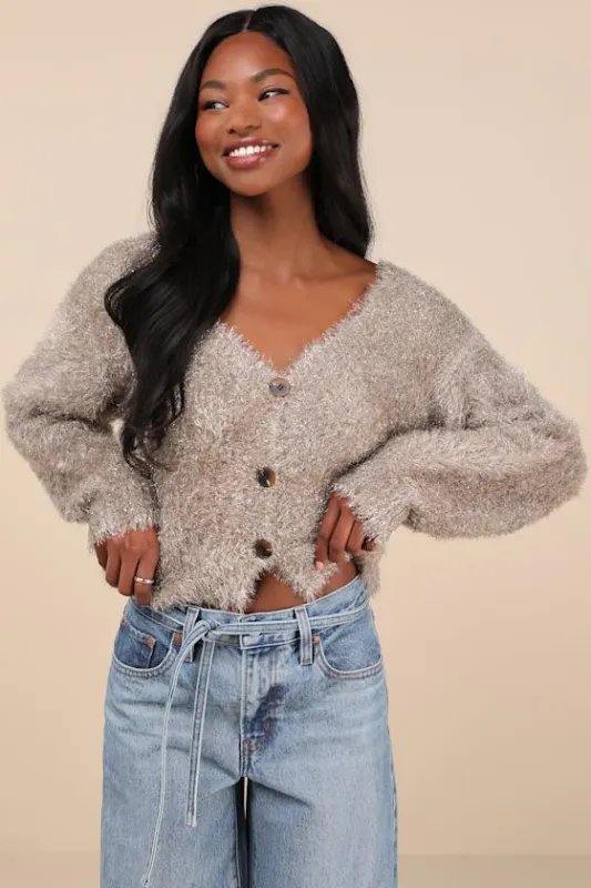 Snuggly Sparkle Taupe and Silver Eyelash Knit Cardigan sold by Lulus