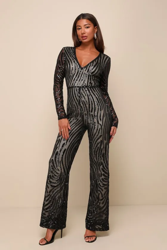 Special Sparkle Black Sequin Long Sleeve Straight Leg Jumpsuit sold by Lulus