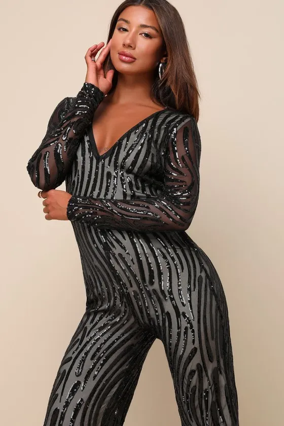 Special Sparkle Black Sequin Long Sleeve Straight Leg Jumpsuit sold by Lulus product image thumbnail 3