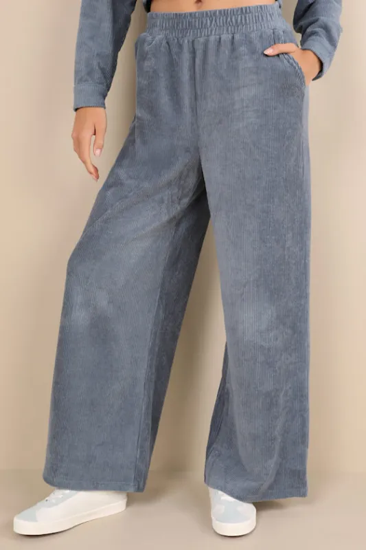 Hayter Slate Blue Corduroy High-Rise Wide-Leg Pants sold by Lulus