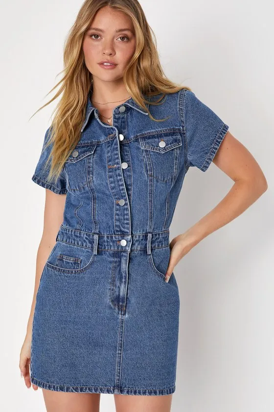 Ready to Charm Medium Wash Short Sleeve Denim Mini Dress sold by Lulus