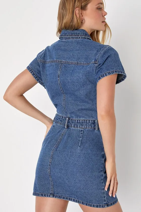 Ready to Charm Medium Wash Short Sleeve Denim Mini Dress sold by Lulus product image thumbnail 4