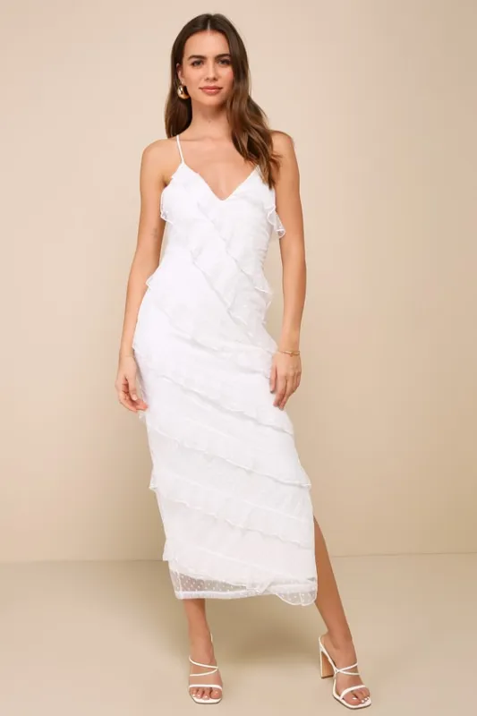 More Than Gorgeous White Mesh Ruffled Swiss Dot Midi Dress sold by Lulus