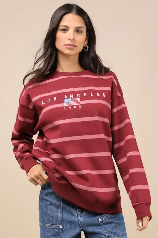 Los Angeles Red Striped Oversized Sweatshirt made by Lulus