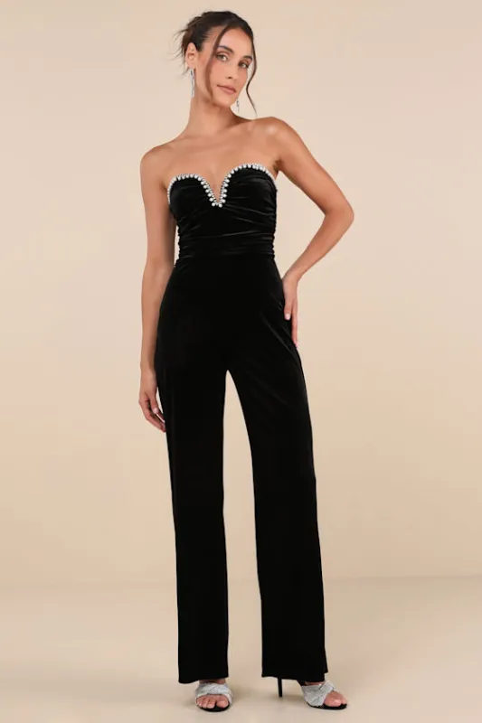 Fabulous Instinct Black Velvet Pearl Strapless Jumpsuit sold by Lulus