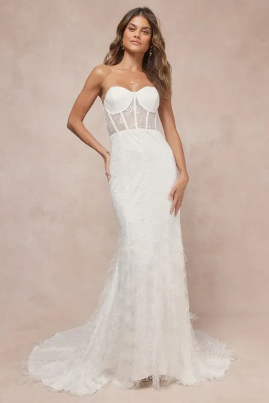 Ravishing Romance White Embroidered Feather Bustier Maxi Dress sold by Lulus
