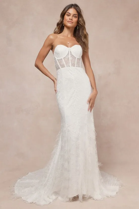 Ravishing Romance White Embroidered Feather Bustier Maxi Dress sold by Lulus