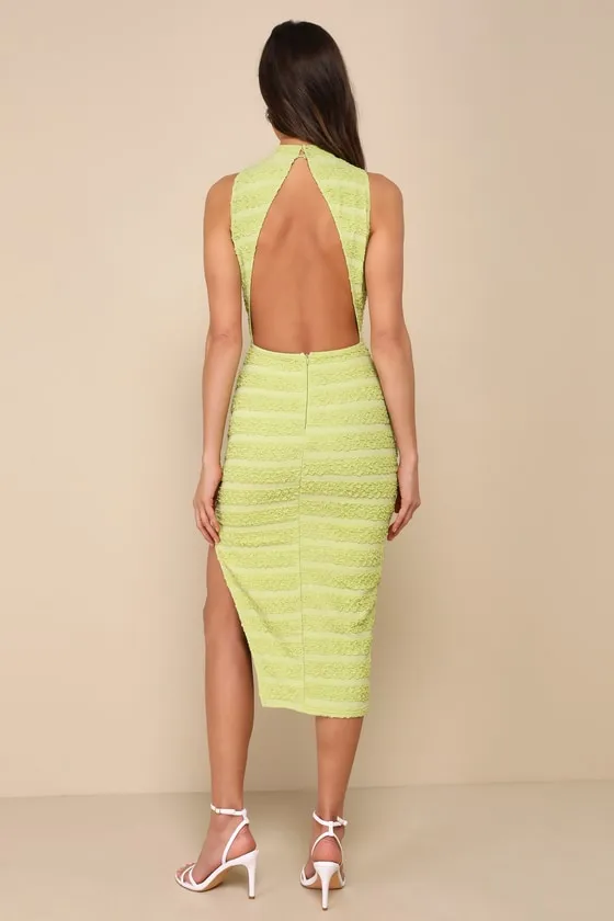 Gorgeous Delight Lime Green Textured Mock Neck Cutout Midi Dress sold by Lulus product image thumbnail 2