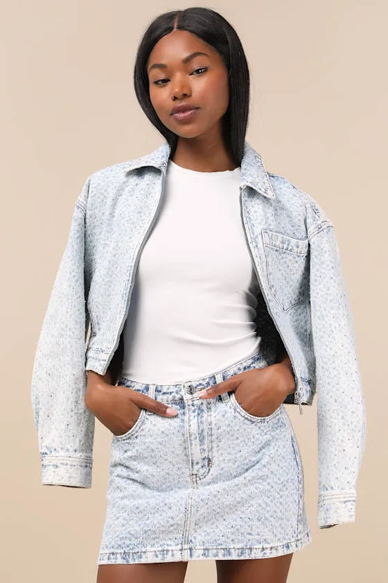 Beck Light Wash Denim Rhinestone Mini Skirt sold by Lulus