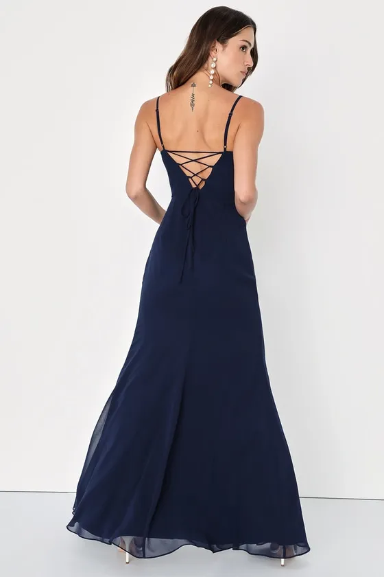 Feeling Elegant Navy Blue Lace-Up Slit Maxi Dress sold by Lulus product image thumbnail 2