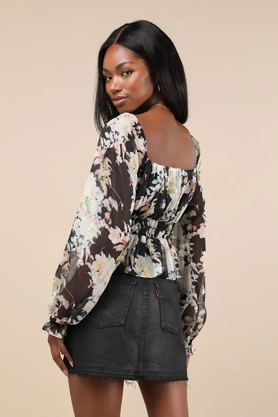 Blossoming Adornment Black Floral Chiffon Balloon Sleeve Top sold by Lulus product image thumbnail 2
