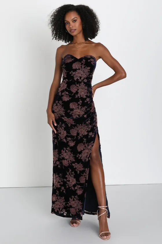 Exquisite Navy Blue Floral Burnout Velvet Strapless Maxi Dress sold by Lulus