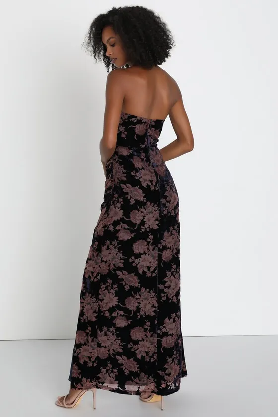 Exquisite Navy Blue Floral Burnout Velvet Strapless Maxi Dress sold by Lulus product image thumbnail 2