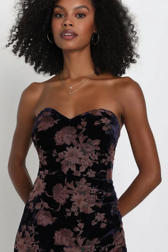 Exquisite Navy Blue Floral Burnout Velvet Strapless Maxi Dress sold by Lulus product image thumbnail 3