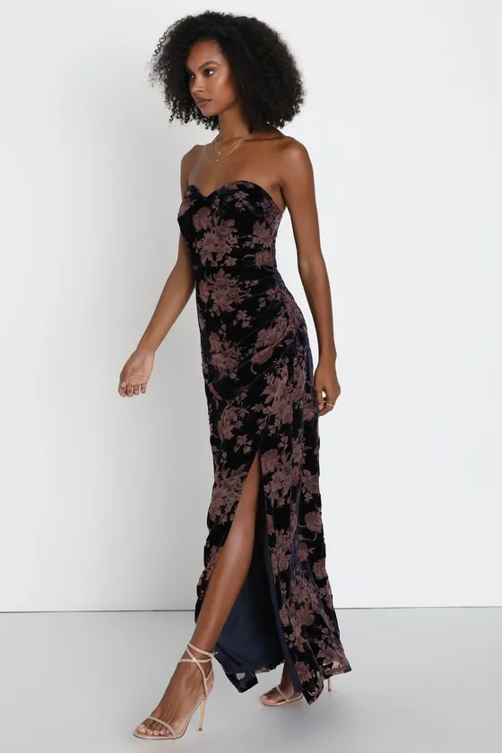 Exquisite Navy Blue Floral Burnout Velvet Strapless Maxi Dress sold by Lulus product image thumbnail 4