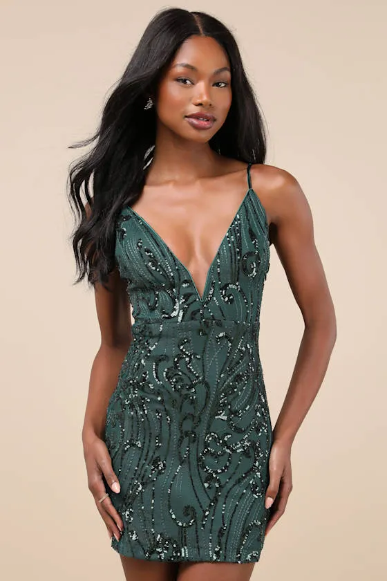 Sparkling Excellence Emerald Sequin Backless Bodycon Mini Dress sold by Lulus
