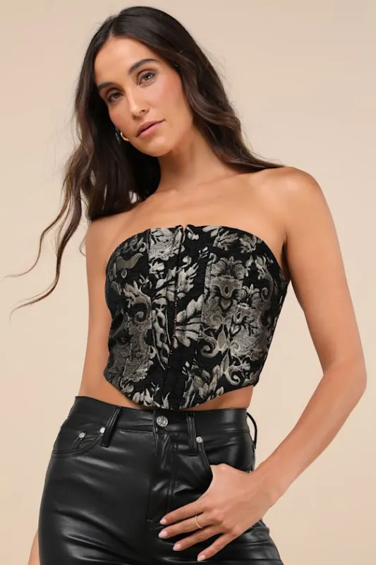 Poised Luxury Black Jacquard Corset Top sold by Lulus