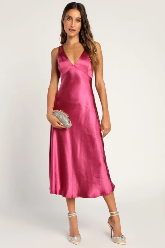 Incredible Love Magenta Satin Cowl Back Midi Slip Dress sold by Lulus