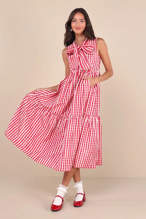 Stables Red and White Gingham Tiered Midi Dress With Pockets sold by Lulus