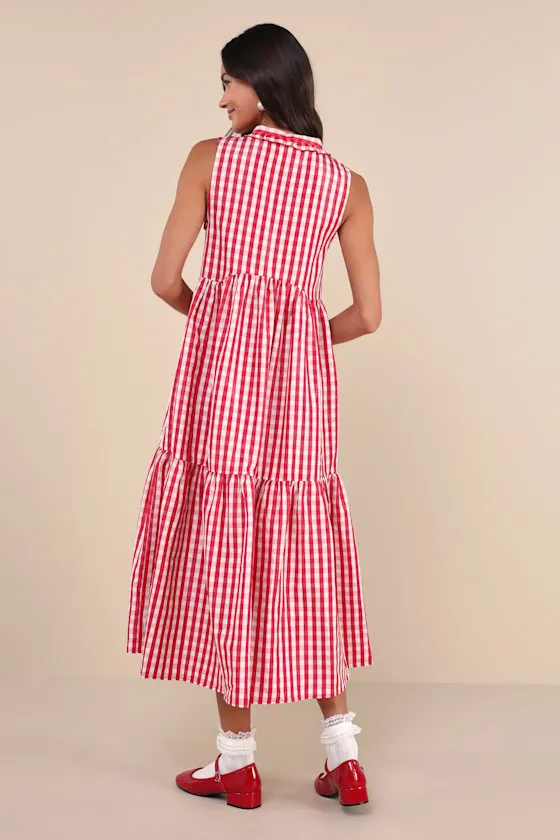 Stables Red and White Gingham Tiered Midi Dress With Pockets sold by Lulus product image thumbnail 2