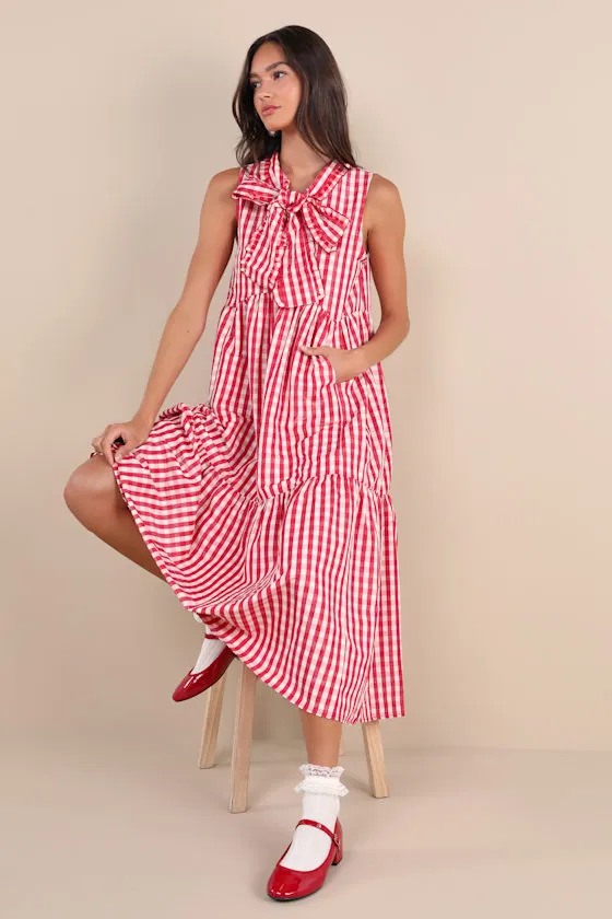 Stables Red and White Gingham Tiered Midi Dress With Pockets sold by Lulus product image thumbnail 4