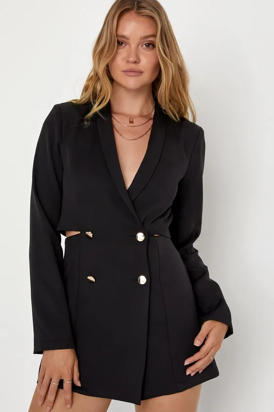 Ahead of the Trend Black Long Sleeve Blazer Romper sold by Lulus