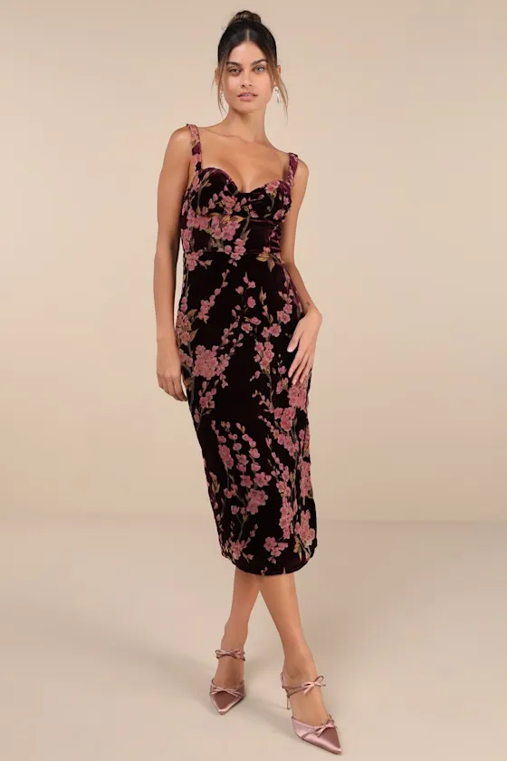 Romantic Stunner Plum Floral Burnout Velvet Lace-Up Dress sold by Lulus