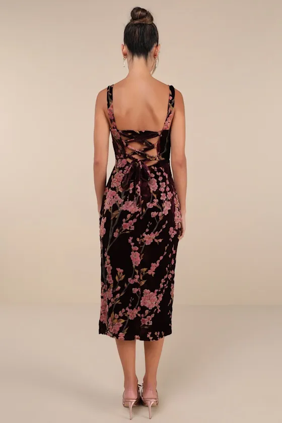 Romantic Stunner Plum Floral Burnout Velvet Lace-Up Dress sold by Lulus product image thumbnail 2