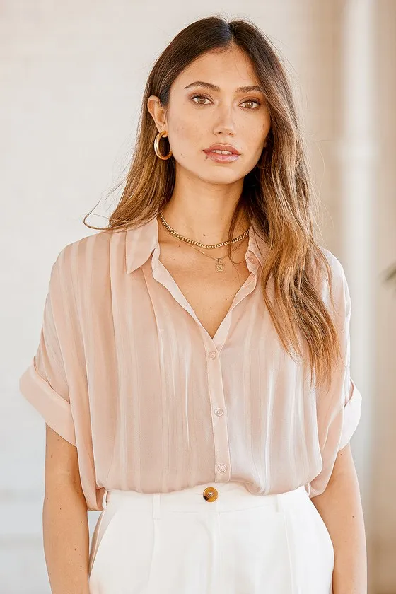 Everlee Light Pink Striped Button-Up Top sold by Lulus