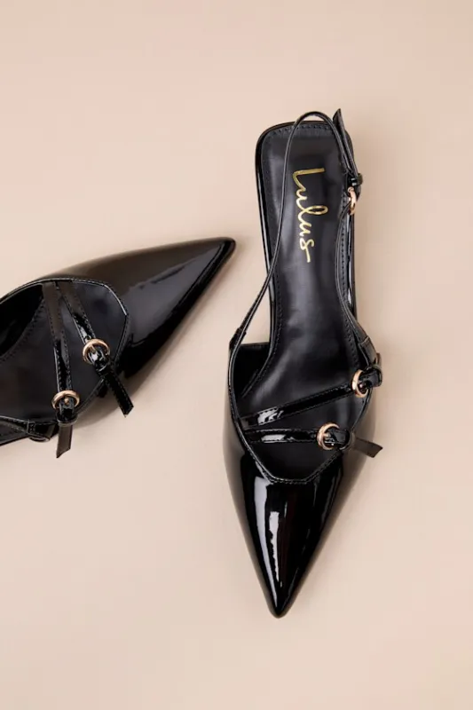 Edelie Black Patent Pointed-Toe Slingback Pumps sold by Lulus