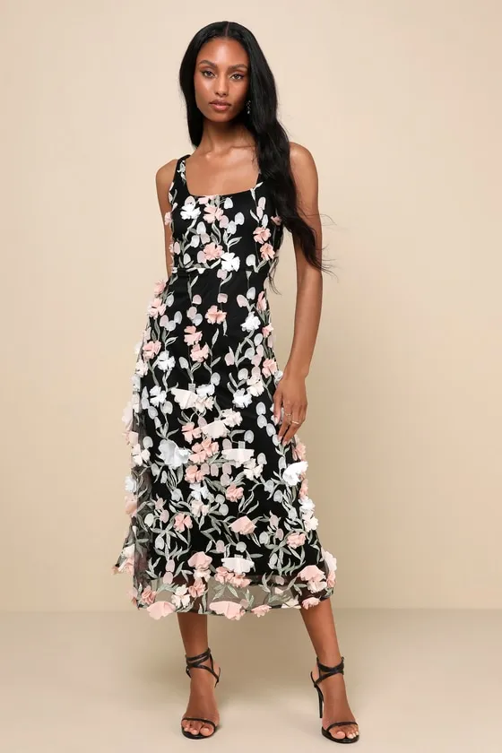 Elite Cutie Black Mesh 3D Floral Embroidered Midi Dress sold by Lulus