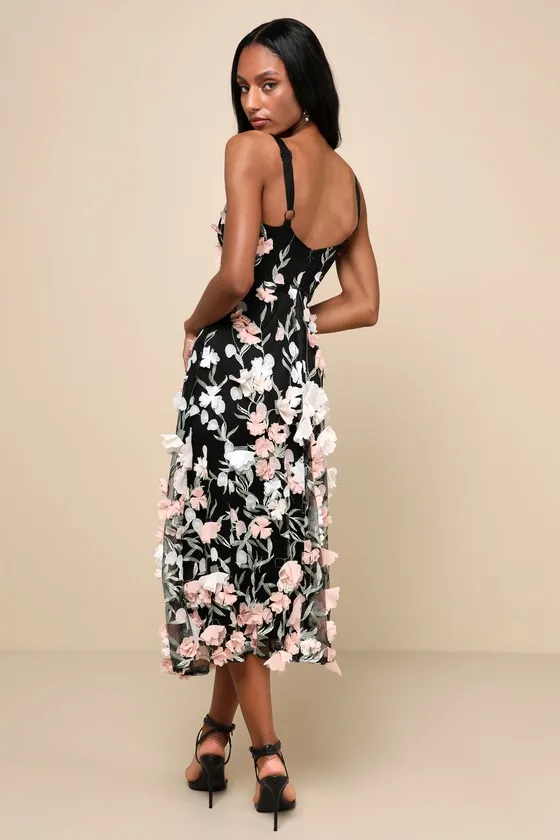 Elite Cutie Black Mesh 3D Floral Embroidered Midi Dress sold by Lulus product image thumbnail 2