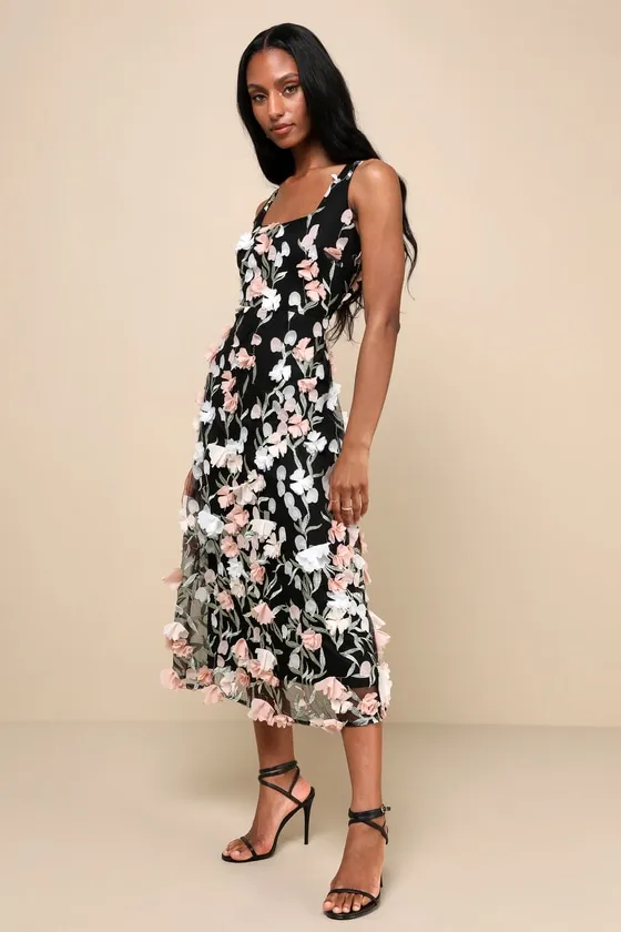 Elite Cutie Black Mesh 3D Floral Embroidered Midi Dress sold by Lulus product image thumbnail 3