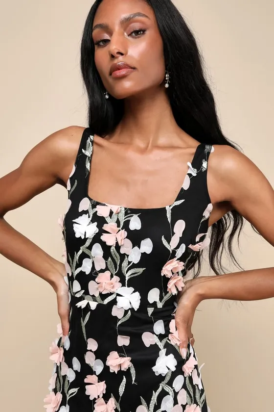 Elite Cutie Black Mesh 3D Floral Embroidered Midi Dress sold by Lulus product image thumbnail 4
