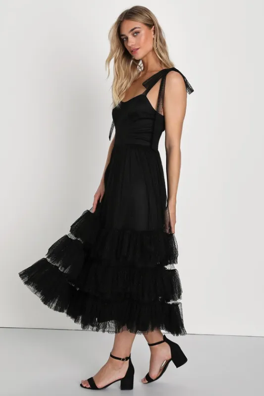 Captivating Aesthetic Black Mesh Swiss Dot Tie-Strap Midi Dress sold by Lulus