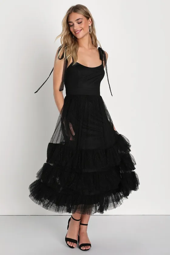 Captivating Aesthetic Black Mesh Swiss Dot Tie-Strap Midi Dress sold by Lulus product image thumbnail 2