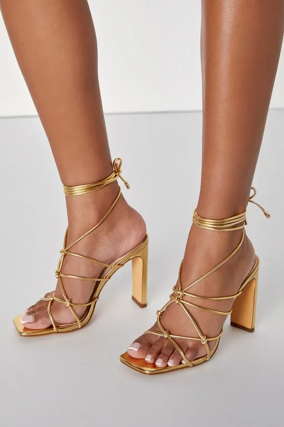 Rinay Gold Strappy Lace-Up High Heel Sandals sold by Lulus