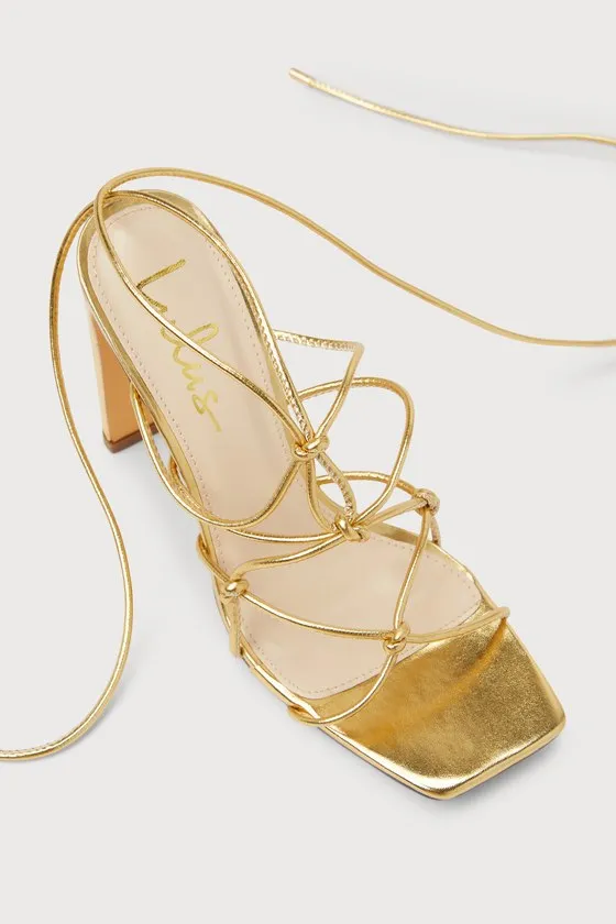 Rinay Gold Strappy Lace-Up High Heel Sandals sold by Lulus product image thumbnail 3