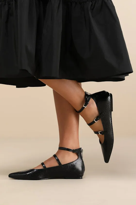Paysen Black Snake-Embossed Ankle Strap Ballet Flats sold by Lulus