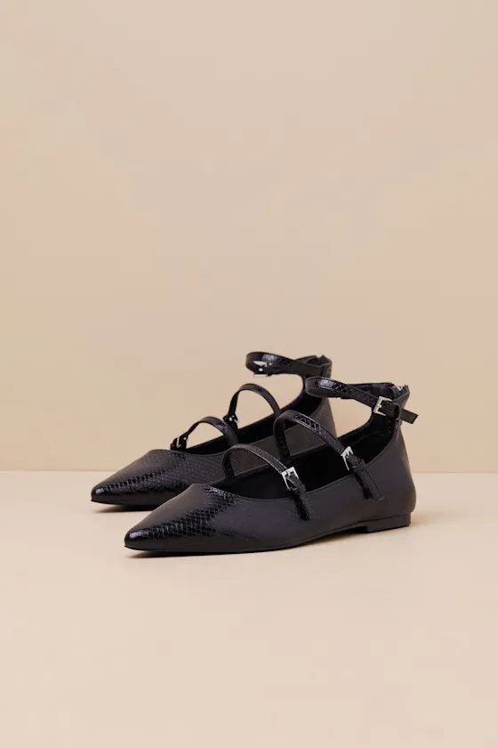 Paysen Black Snake-Embossed Ankle Strap Ballet Flats sold by Lulus product image thumbnail 3
