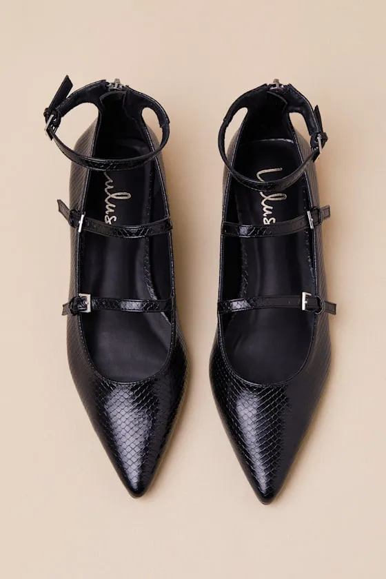 Paysen Black Snake-Embossed Ankle Strap Ballet Flats sold by Lulus product image thumbnail 4