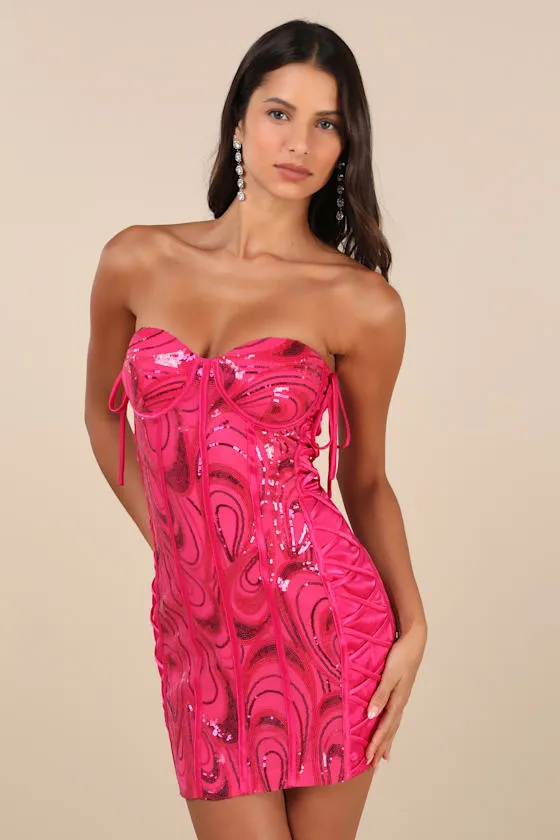 Enticing Sparkle Hot Pink Sequin Lace-Up Strapless Mini Dress sold by Lulus