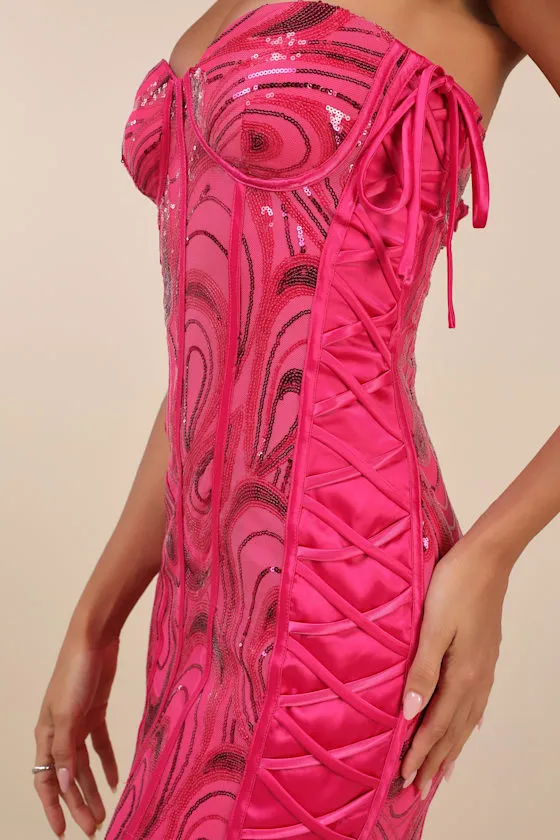 Enticing Sparkle Hot Pink Sequin Lace-Up Strapless Mini Dress sold by Lulus product image thumbnail 3