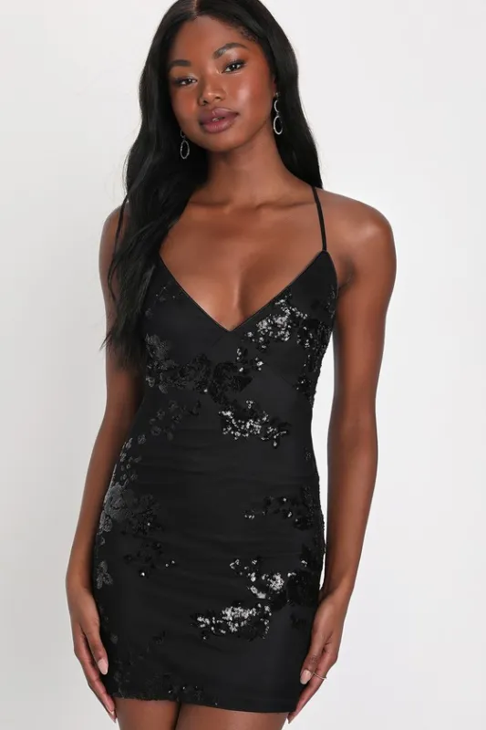 Valhalla Black Mesh Sequin Lace-Up Mini Dress sold by Lulus