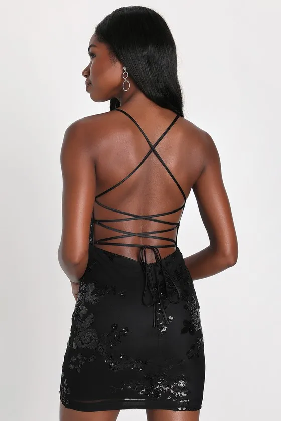 Valhalla Black Mesh Sequin Lace-Up Mini Dress sold by Lulus product image thumbnail 3