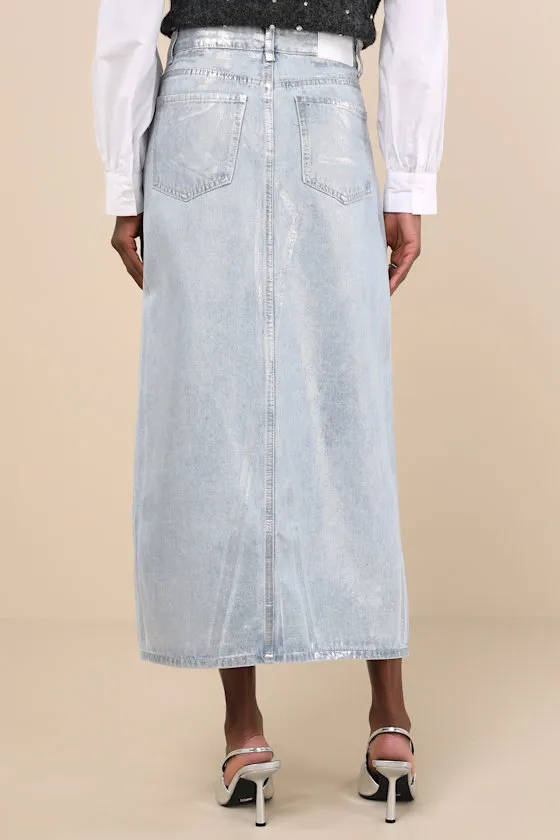 Modern Shine Light Wash Metallic Coated Denim Midi Skirt sold by Lulus product image thumbnail 3