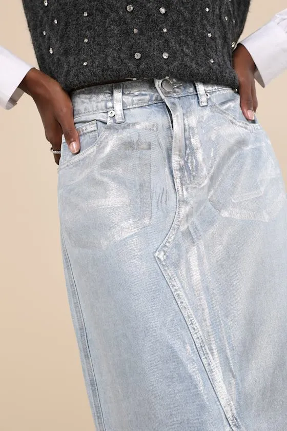 Modern Shine Light Wash Metallic Coated Denim Midi Skirt sold by Lulus product image thumbnail 4