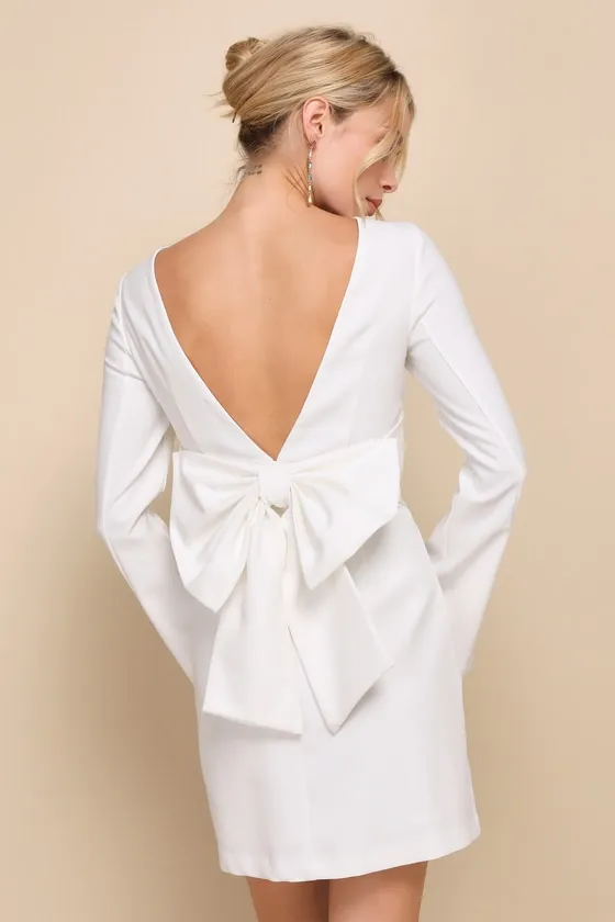 Elegant Cutie Ivory Bow Long Sleeve Backless Mini Dress sold by Lulus